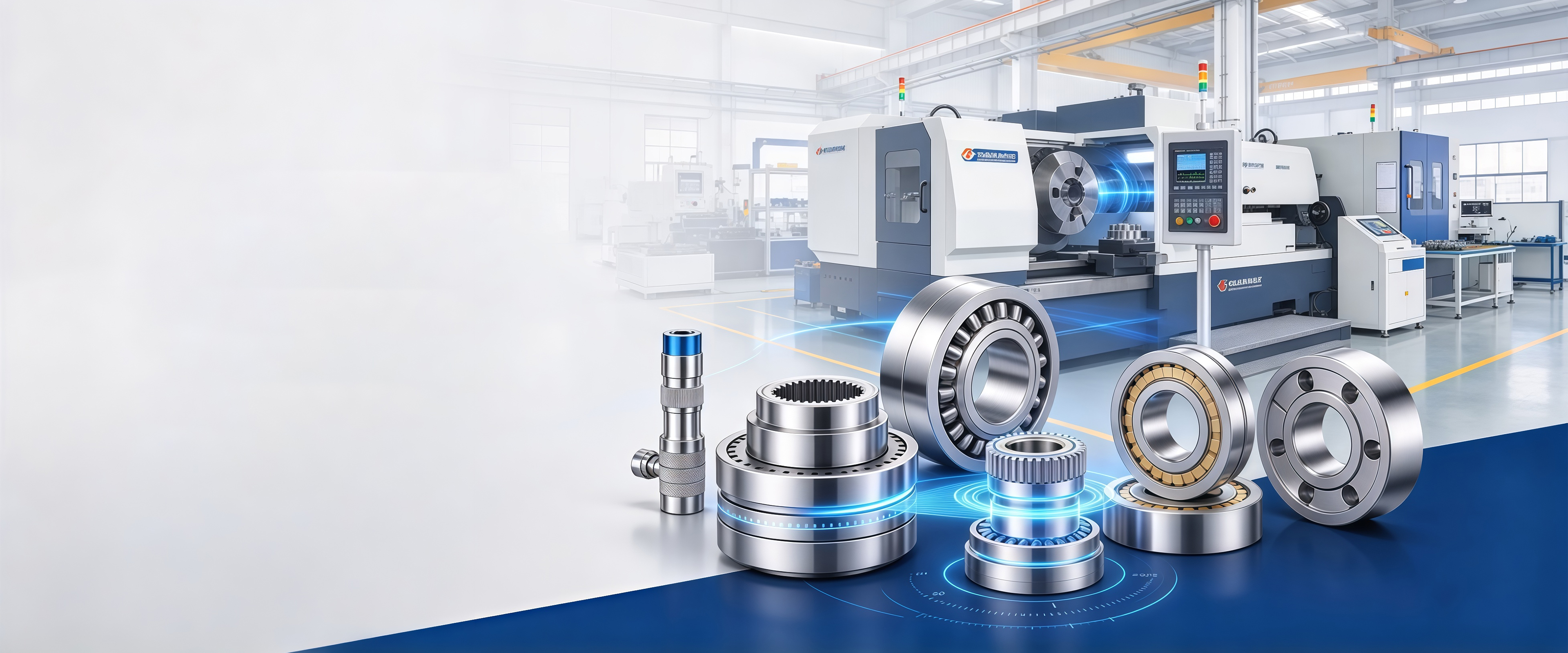 Precision steel ring and bearing components in front of a machining workshop
