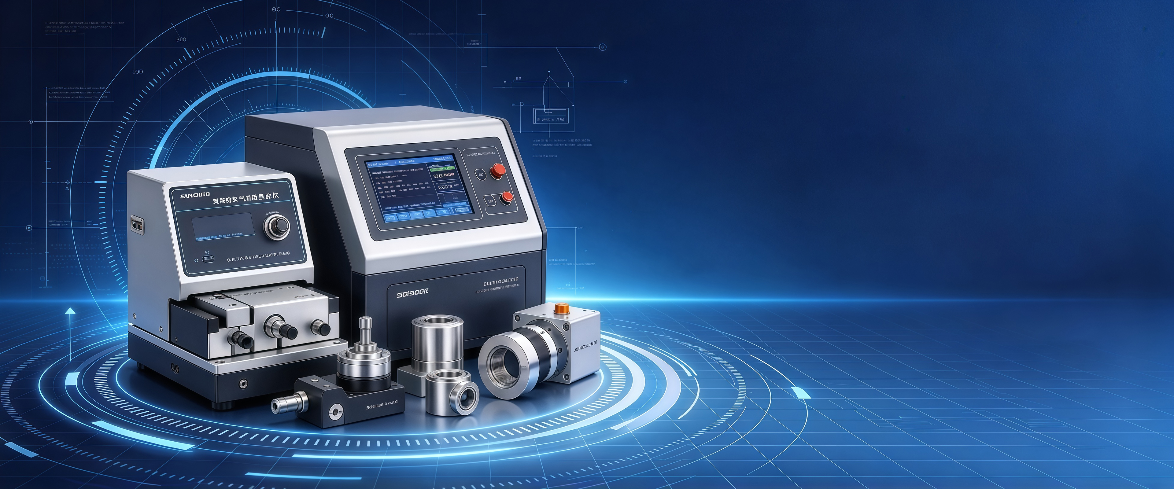 Pneumatic gauging instruments and measuring heads on a blue technical background